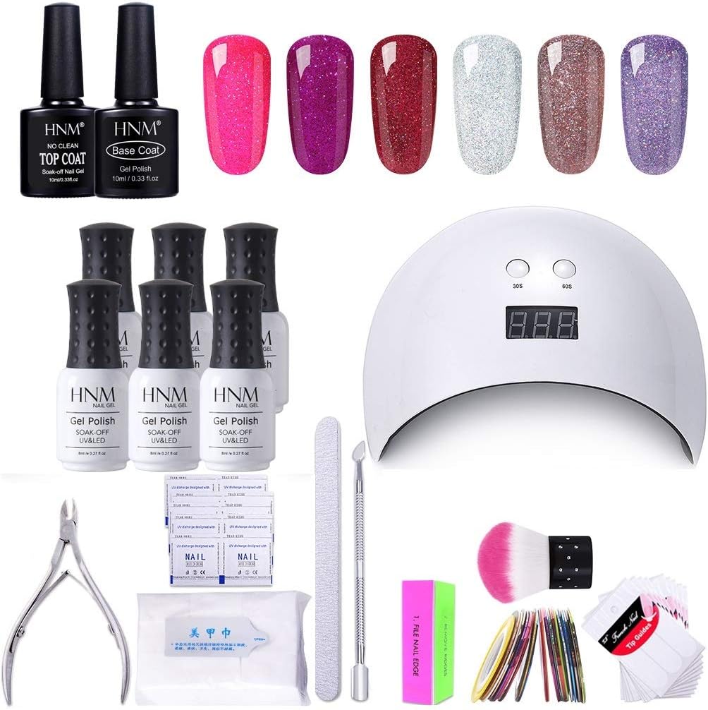 HNM 6 Gel Nail Starter Kit with 24W LED Curing Lamp Base and Top Coat UV LED Soak Off Nail Polish Remover Wrap Manicure Tools Gift Set