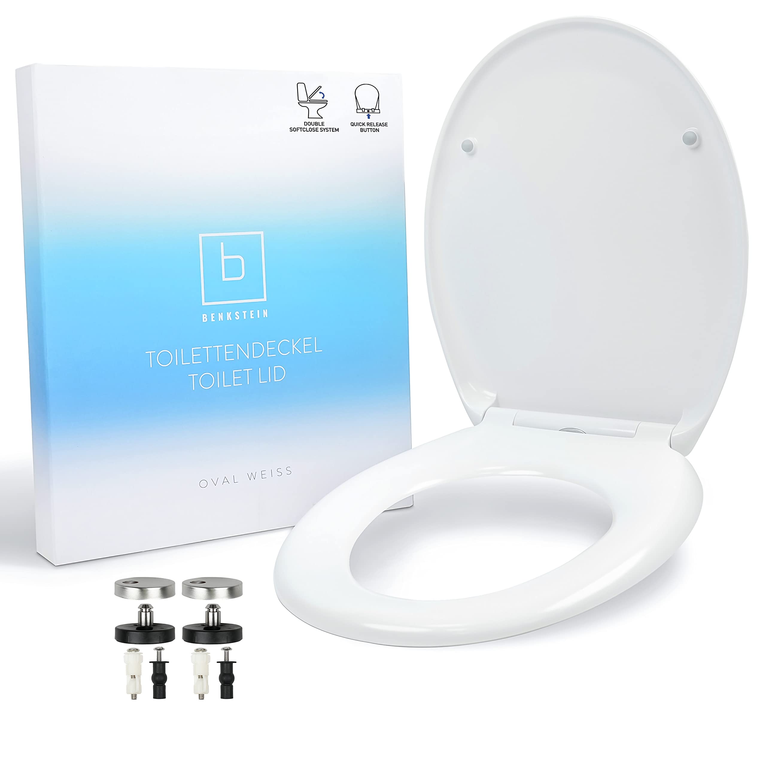 Benkstein premium toilet seat white with quick release function and soft close toilet lid; anti-bacterial Duroplast plastic and stainless steel; toilet seat, toilet lid