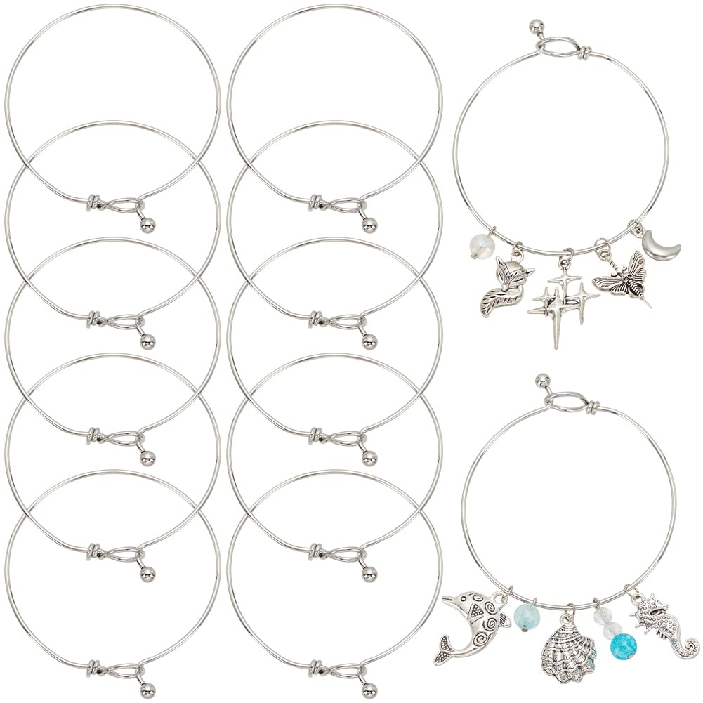 SUNNYCLUE 12Pcs Bracelet Bangle Open Blank Wire Bangle Charm Bracelet Silver 304 Stainless Steel Buckle Hook Clasp Adjustable Bangles for Jewellery Making Supplies Bracelets DIY Crafts Women Beginner