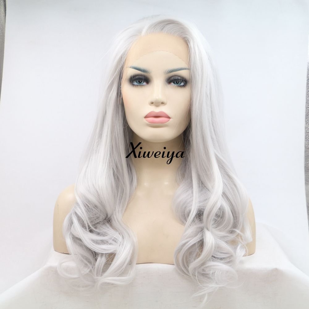 Xiweiya Platinum Grey Wigs Heat Resistant Fiber Hair Side Part Body Wave Silver White Hair Wigs 13x3 Synthetic Lace Front Wigs for Women Makeup Christmas Cosplay Party 24" Wig — image 1