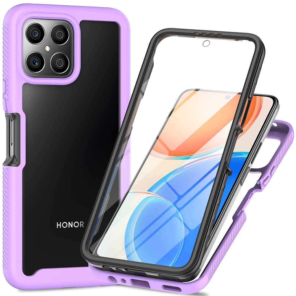 Honor X8 4G Case (NOT X8 5G) with Built-in Screen Protector, 360 Full Body Protective Cover Heavy Duty Anti-Scratch Shockproof Clear Silicone Bumper Slim Phone Case for Honor X8 6.7-inch, Purple