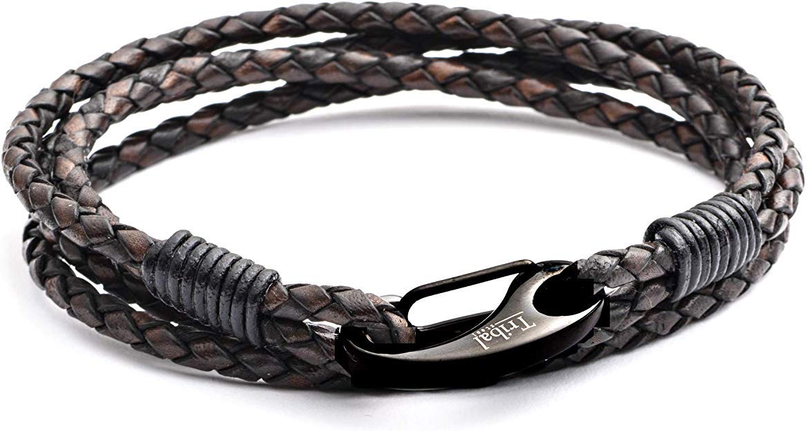 Men's Leather Bracelet, Masculine Black Clasp, Brown Braided Double Wrap, Strong Ion Black Plated Stainless Steel Shrimp Clasp, 21cm Standard Size for Men by Tribal Steel