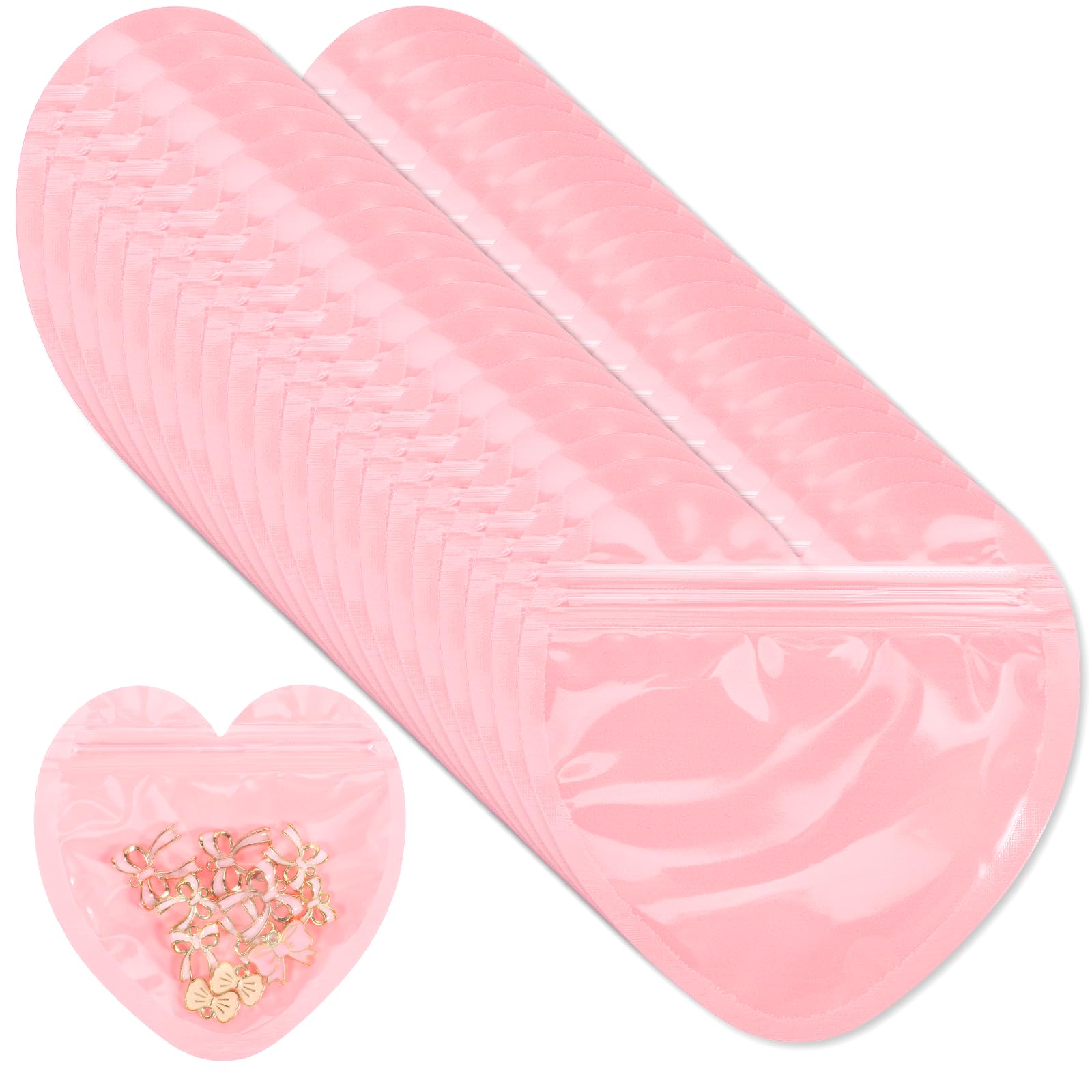 Photo 1 of 100 PCS Pink Heart-Shaped Mylar Bags, 4"× 4" Heart-Shaped Jewelry Bags, Clear & Resealable Packaging Bag for Small Business Essentials Supplies for Earring, Jewelry, Small Trinkets