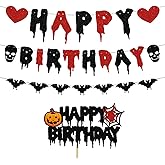 ANFEST Pre-Strung Happy Birthday Halloween Banner, Red Black Glitter Happy Birthday Sign, Halloween Birthday Garland Bunting, Cake Banner, Hanging Party Decorations for Indoor or Outdoor