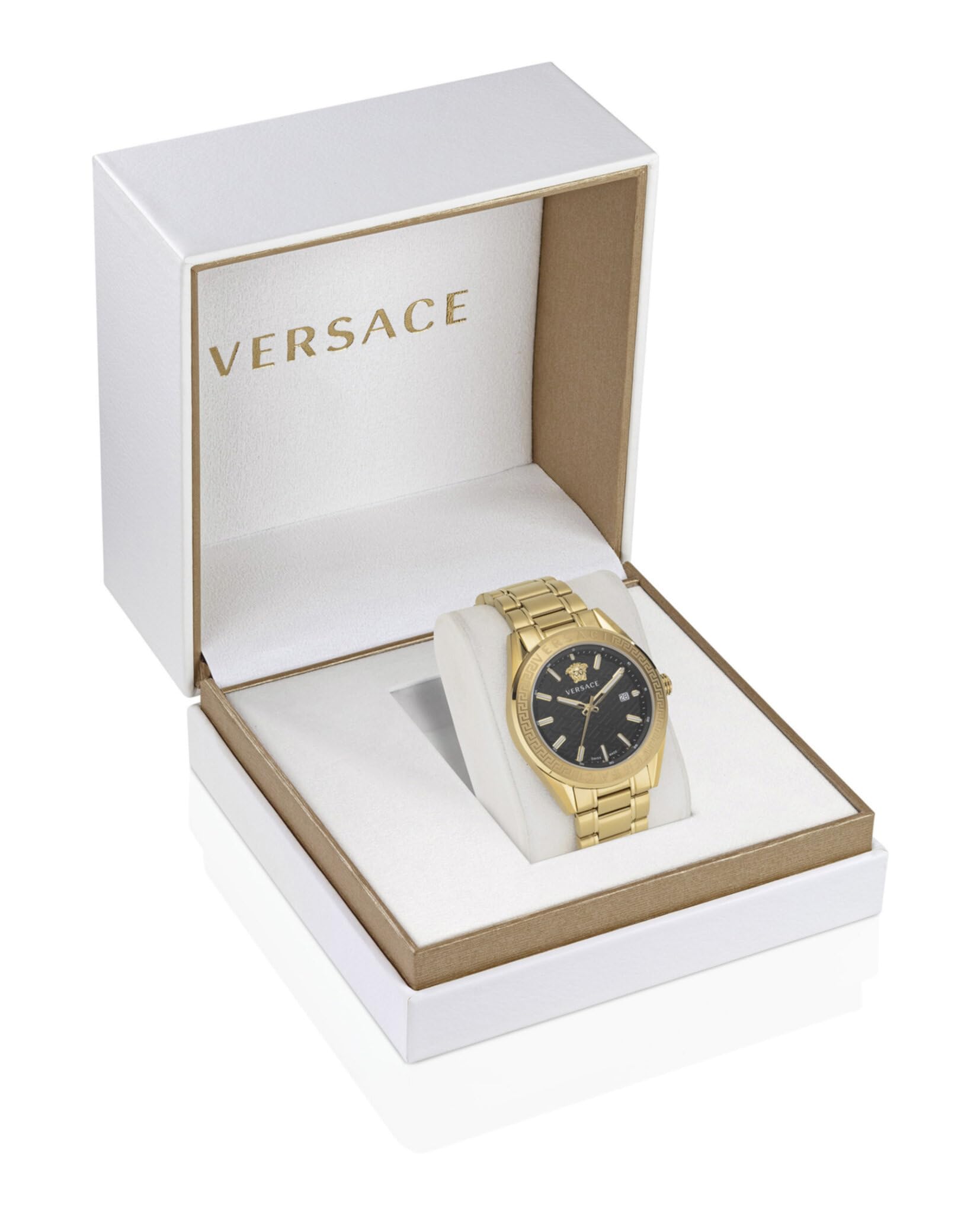 Versace V-Code Collection Luxury Mens Watch Timepieces with a Gold Bracelet Featuring a IP Yellow Gold Case and a Black Dial