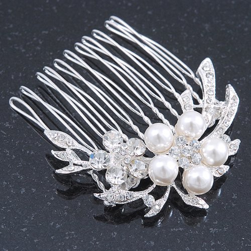 Bridal/ Wedding/ Prom/ Party Rhodium Plated Clear Swarovski Crystal, Synthetic Pearl Double Flower Hair Comb - 50mm