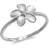 10k White Gold Solitaire Diamond Rope Band Hawaiian Plumeria Flower Ring