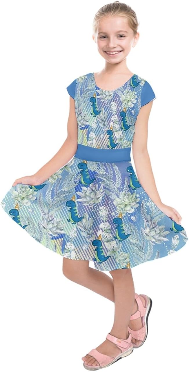 PattyCandy Little & Big Girl's Cute Fashion Frizzle & Floral Dinosaur Kids Short Sleeve Dress, Size:2-16