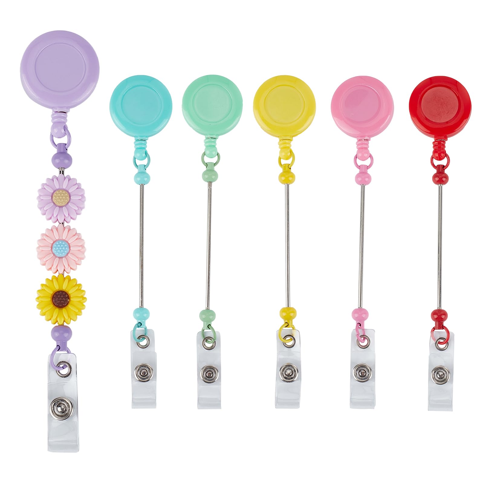 NICENEEDED 6 Pcs Beadable Badge Reel, Retractable Badge Holders, ID Name Badge Reel Holder Clips Colored DIY Badge Reel Kit with Belt Clip Decorative Blank Beads Bar Gift for Nurse Teacher Office Work