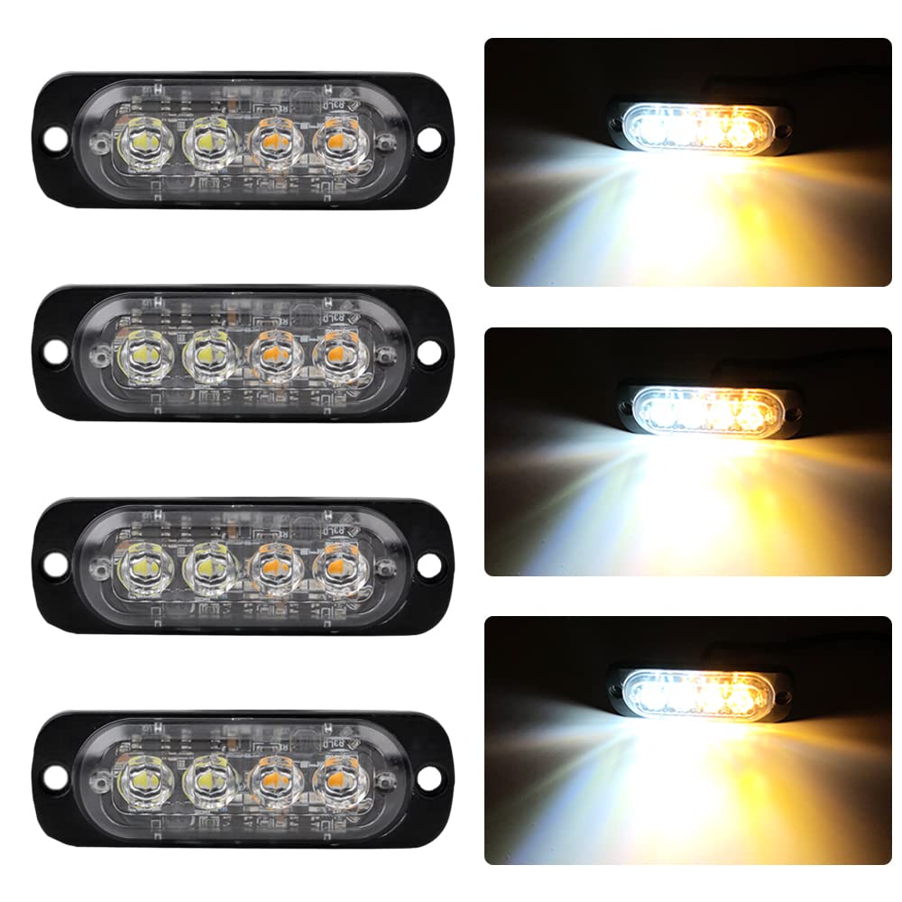 4pcs Ultra Thin 4LED Emergency Warning Lights Amber White Hazard Flashing Strobe Light Side Warning Light Beacon Light Universal for 12-24V Car Vehicle Truck Trailer Caravan Camper Motorcycle Van