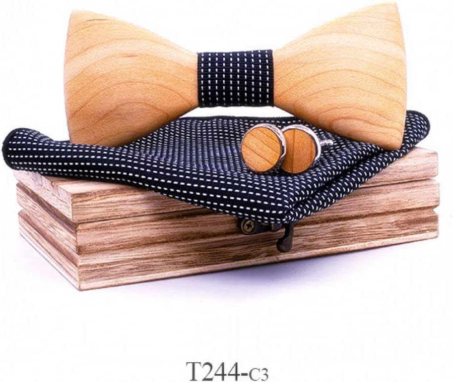 DYDONGWL Neck Ties,3D Men Wooden Bow Tie Set BowTie and Handkerchiefs Cufflinks Necktie For Business Wedding Party Hombre year Gift