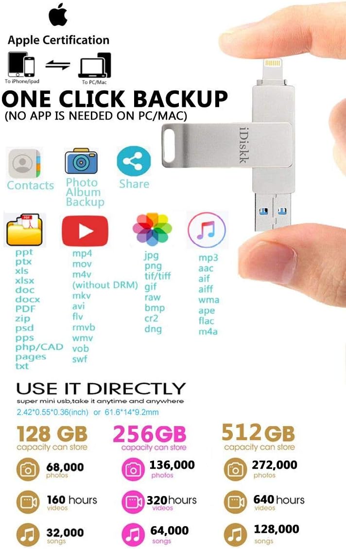 iDiskk MFi Certified 512GB Photo Stick - USB 3.0 Flash Drive for iPhone iPad, Mac and PC, Silver - Image 3