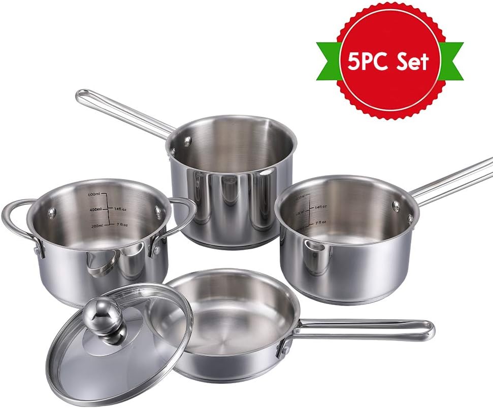 Mini Pots and Pans Set Toys,  5-Pieces Stainless Steel Cookware Playset for Kids, Play Kitchen Toys for Toddlers & Children Ages 3 Years Old and Up,Dishwasher Applicable.