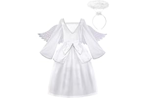 ReliBeauty Angel Costume for Kids White Fancy Princess Tulle Dress with Wings and Halo