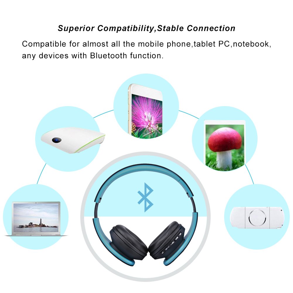 Cuffie Bluetooth LOBKIN Auricolari Stereo con Microfono Bluetooth 4.1 Pieghevole Over-Ear Senza Fili Cuffie con Microfono Ricaricabile Riduzione del Rumore Interno Supporto SD/TF Card (azul-negro)
