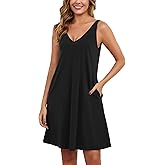 Marvmys Women's Cotton Nightgown Tank V Neck Sleep Shirts Sleeveless Sleep Dress with Pockets