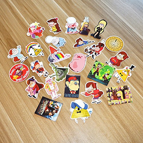 SHINE-CO 25-Pcs Gravity Falls Stickers PVC Decals Waterproof Sunlight-Proof DIY Ideals for Cars, Motorbikes, Portable luggages, Laptops