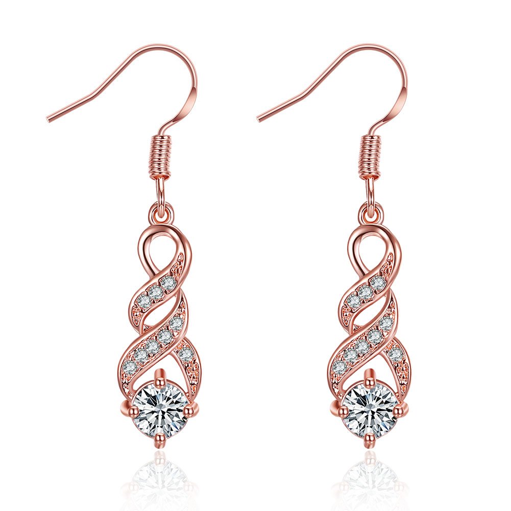 Fashion 14K Rose Gold Cubic Zirconia Infinity Dangle Drop Earrings For Women Lady Sensitive Ears CZ Crystal Wedding
