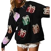 UAURORAO Women Glitter Christmas Sweatshirts Oversized Sequin Funny Shirts Long Sleeve Sparkly Xmas Present Pullover Top