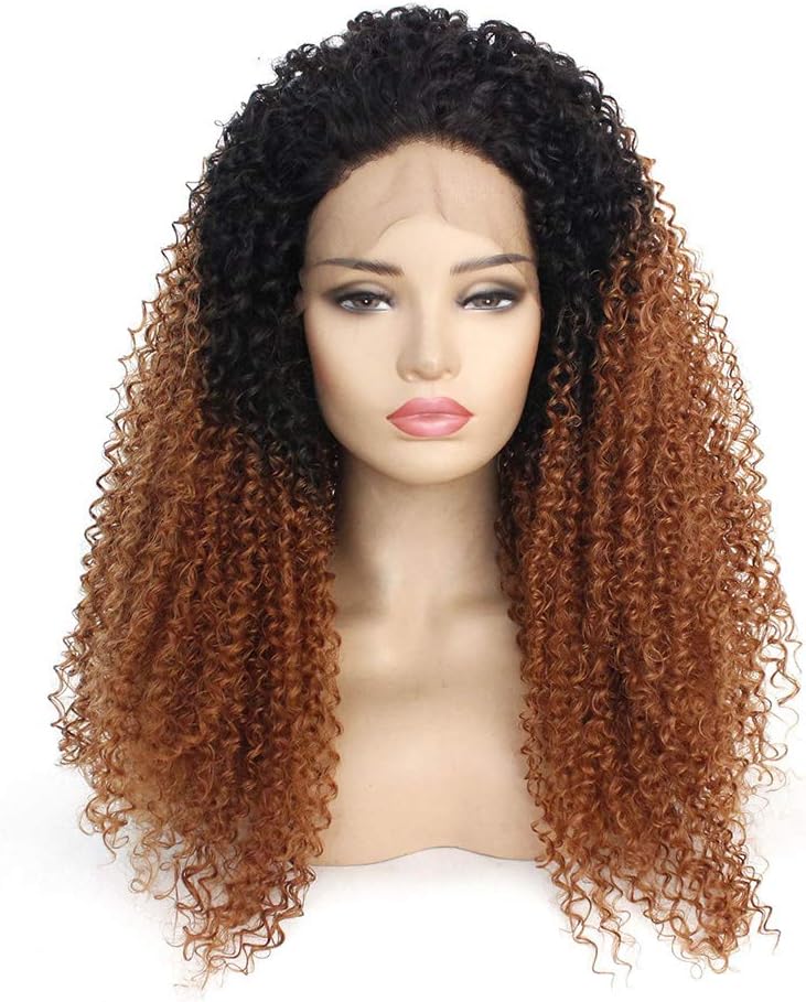 RuiFei Ombre Brown Curly Synthetic Wig for Women, Lace Front Wig Side Part Heat Resistant Wigs with Cap Replacement Natural Color Afro Kinky Curly Wig