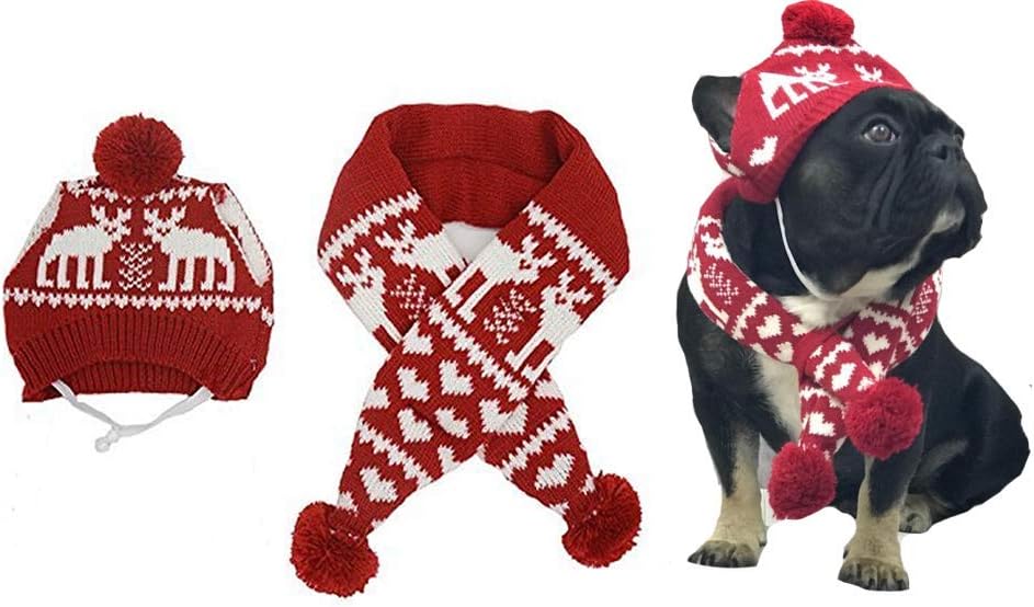 Pet Xmas Costume Christmas Hat + Scarf for Small Dogs & Cats Holiday Accessory, Red Medium