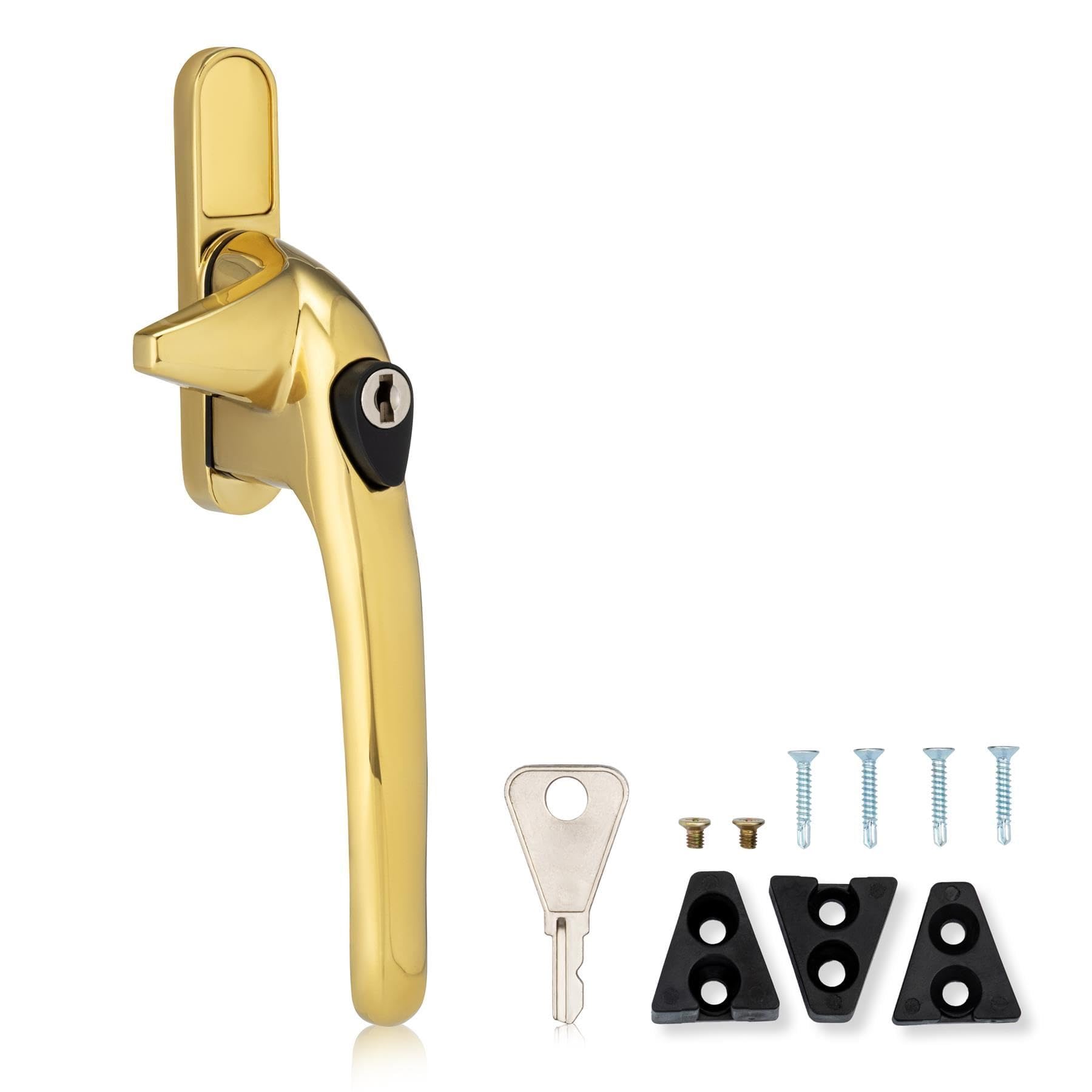 XFORT Locking Cockspur Window Handle Installation Kit in Polished Brass, Right Hand UPVC Window Handle Replacement, Lockable Window Lever