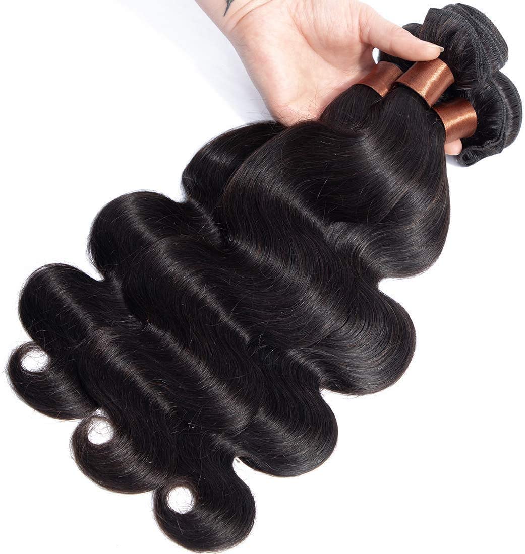 BLACKMOON HAIR Brazilian Virgin Human Hair Body Wave 3 Bundles Unprocessed Virgin Brazilian Hair Weave Human Hair Extensions Body Wave Natural Black Color(14 16 18)