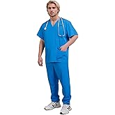 Yoweenton Scrubs Medical Uniform Man Scrubs Set Medical Scrubs Top and Pants，5-Pocket Top and 5 Pocket Pants