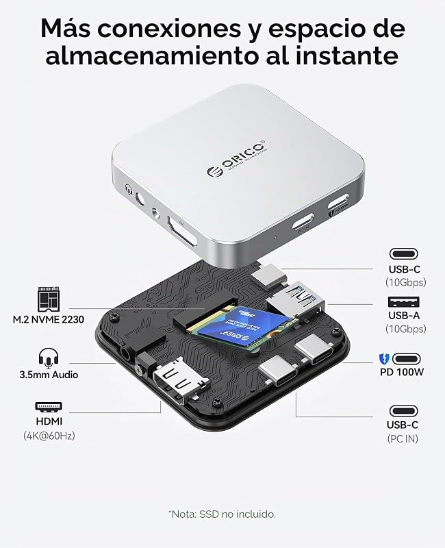 Estação de Acoplamento Magnética USB-C, Capa para SSD M.2 2230 NVMe, Estação de Acoplamento 6 em 1 com HDMI 4K@60Hz, PD 100W, USB-A/USB-C 10 Gbps, Áudio, Hub USB-C para iPhone MG5