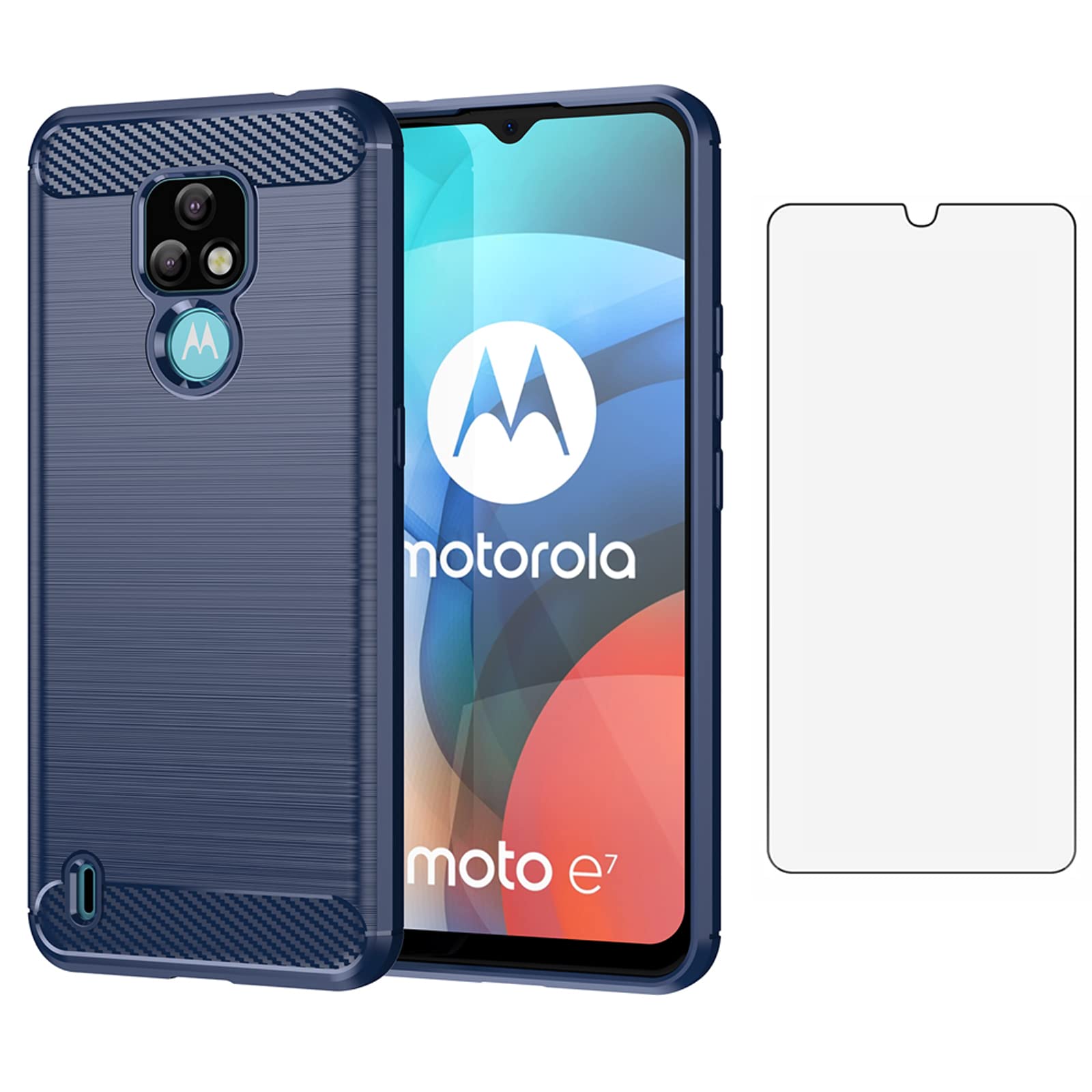 Asuwish Phone Case for Motorola Moto E7/Lenovo K12 and Tempered Glass Screen Protector with Cell Accessories Shockproof Soft Slim Silicone Thin Carbon Fiber MotoE7 XT2095-1 Women Men Blue