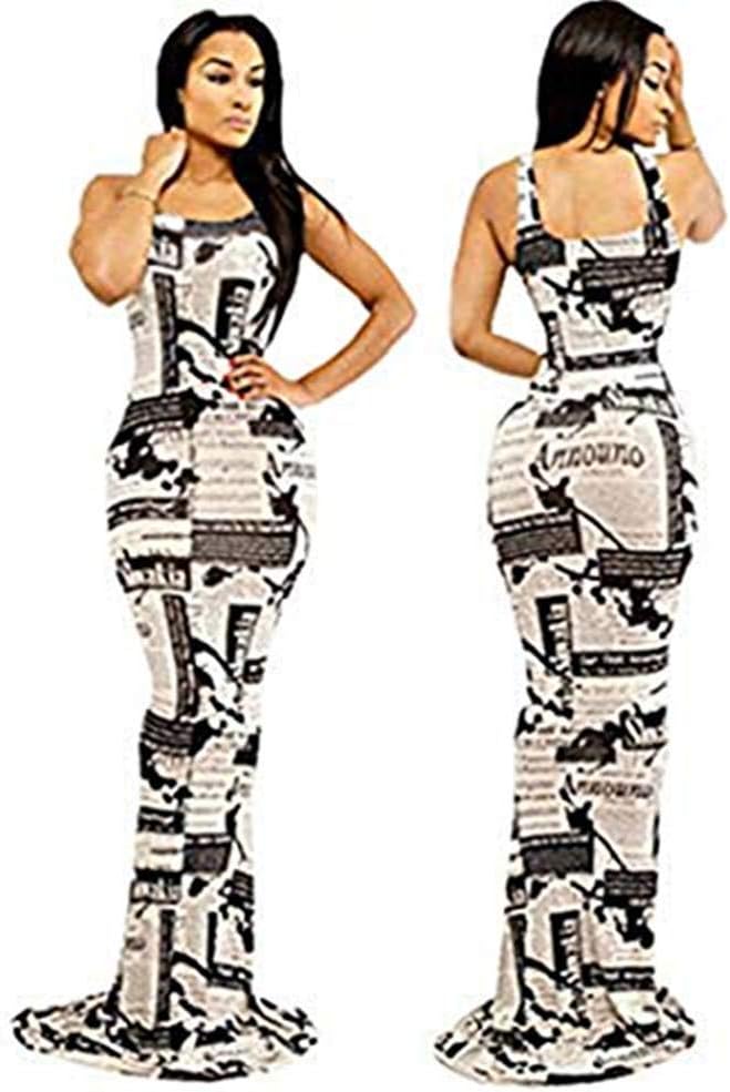 Gloshop Women's Popular Mermaid Bodycon Newspaper Print Maxi Dress
