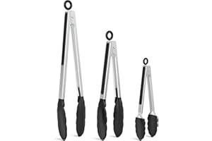 NileHome Tongs for Cooking, Professional Stainless Steel Cooking Tongs – Heat-Resistant for Grilling, BBQ, Serving Salad, Pasta, and Kitchen Use, Dishwasher Safe, Set of 7" 9" 12", Black
