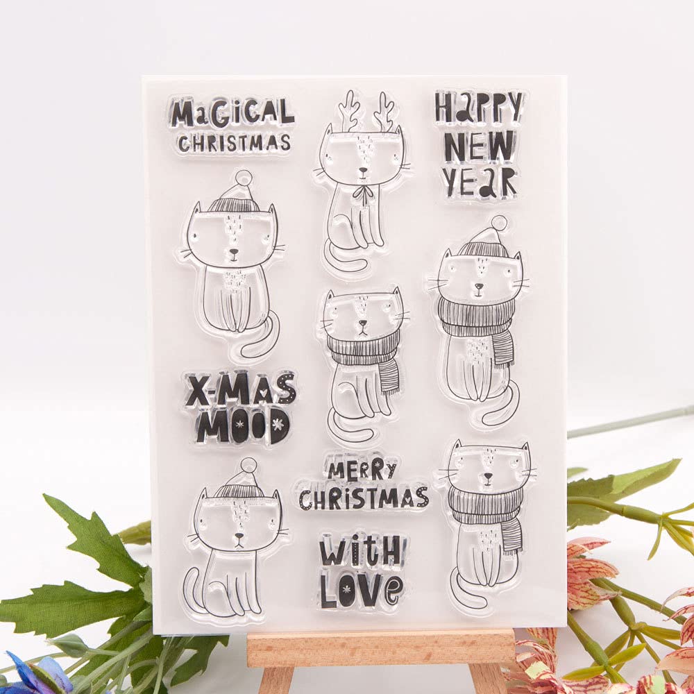 arriettycraft Merry Christmas New Year Cat Rubber Stamps Clear Stamps for Christmas Card Making Decoration and DIY Scrapbooking Crafts