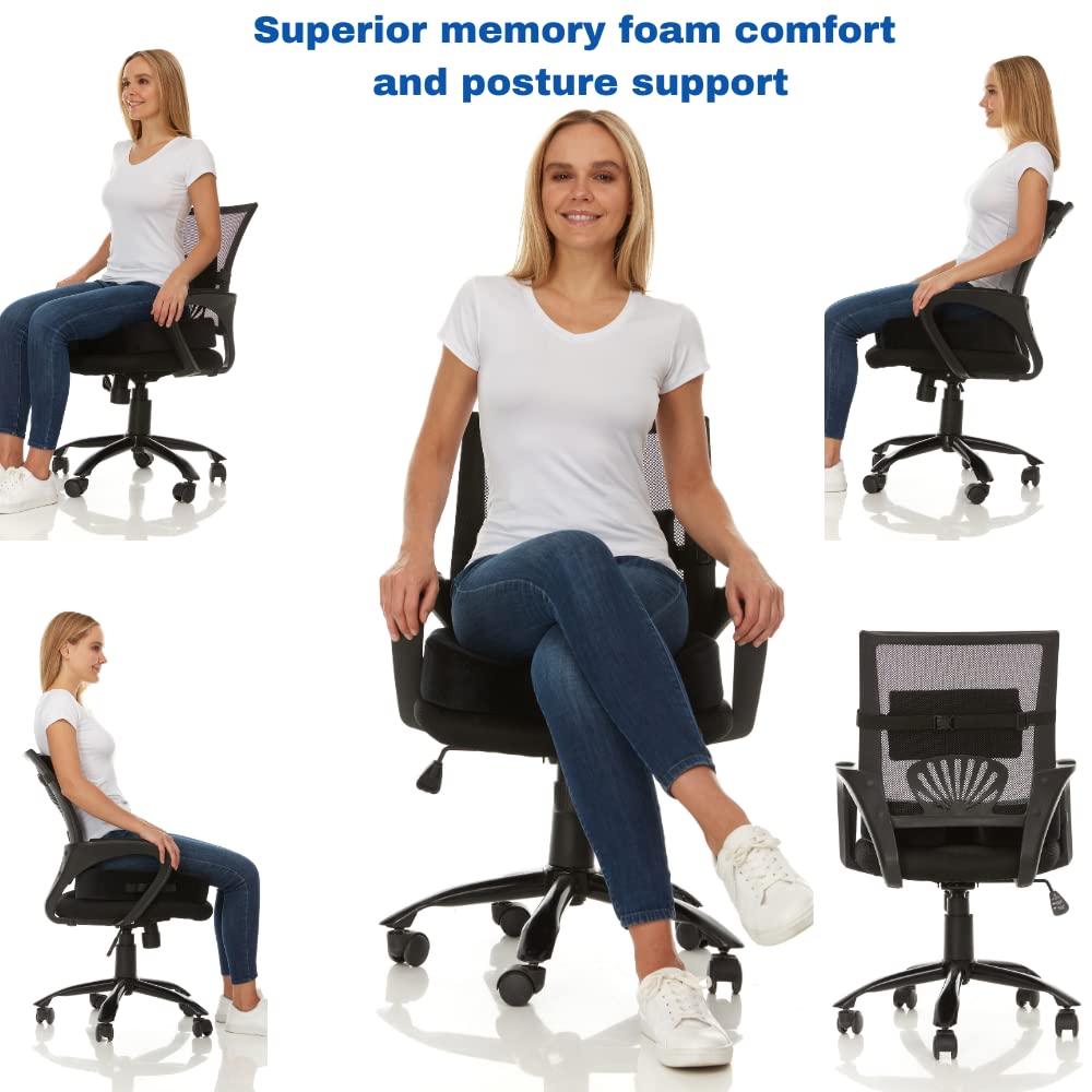 FOMI Extra Thick Coccyx Seat Cushion and Back Support Combo | Large Memory Foam Seat Pad and Lumbar Pillow for Car, Office, Gaming Chair, Wheelchair | Sciatica, Tailbone Pain Relief