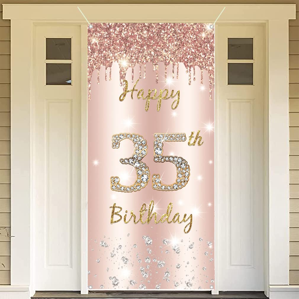 35th Birthday Decorations for Women, Happy 35th B irthday Backdrop Banner Rosegold Fabric Sign Poster, 35 Years Old Party Supplies Door Banner Welcome Sign