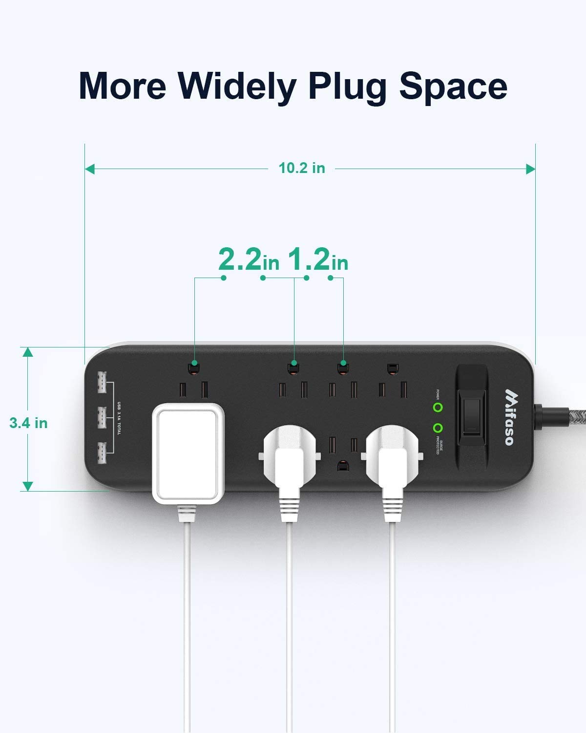 Mifaso 2700Joules Power Strip with 8 Outlets, 3 USB Ports, Braided Extension Cord, Overload Protection, UL Approved