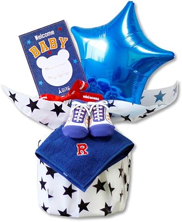 Amazon Co Jp 出産祝い おむつケーキ ミキハウス 男の子 ダブルビー かっこいい おしゃれ イニシャル ミキハウス靴下付きおむつケーキ ブルー ドラッグストア