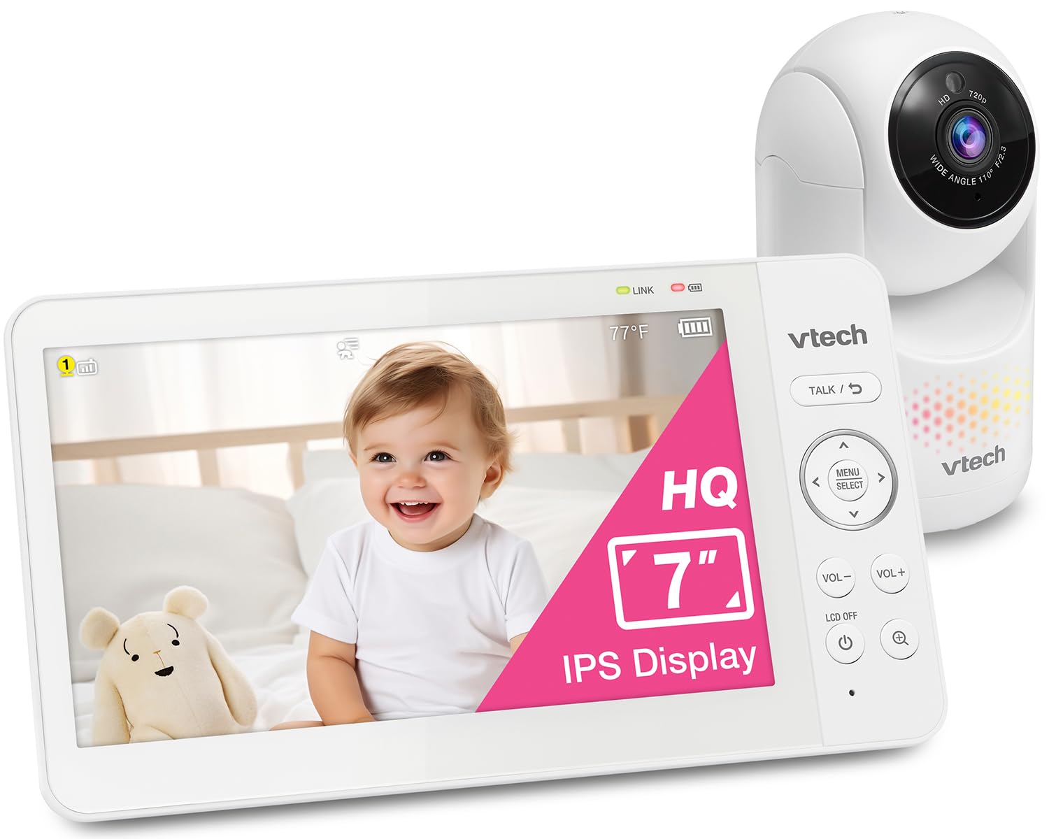 Photo 1 of VTech 7" Baby Monitor with IPS Screen, Pan Tilt Zoom Camera, No WiFi Video Baby Monitor with Camera and Audio, Multi-Color Night Light, 2-Way Talk, Lullabies, Advanced HQ Max