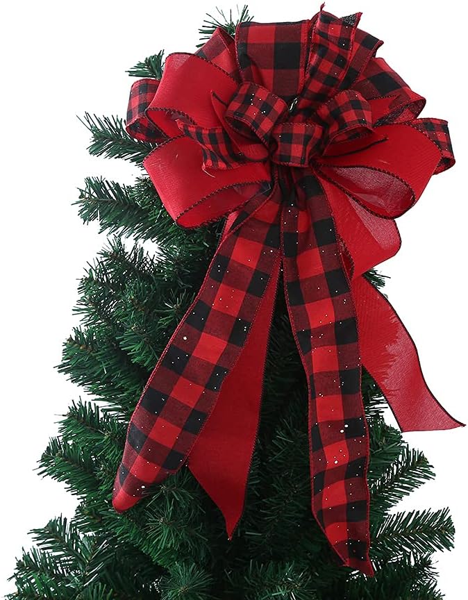 Bows & Ribbons - Christmas Tree Topper Bow, XXX inch Black White Plaid Buffalo Toppers Decorative Bow, Decoration Gift Bow for Holiday Front Door Wreath Decorations Indoor Outdoor