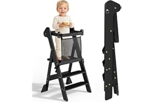 Cosyland Foldable Toddler Standing Tower, Adjustable Kitchen Step Stool with Protective Mesh, iF Award-Winning Bamboo Helper 