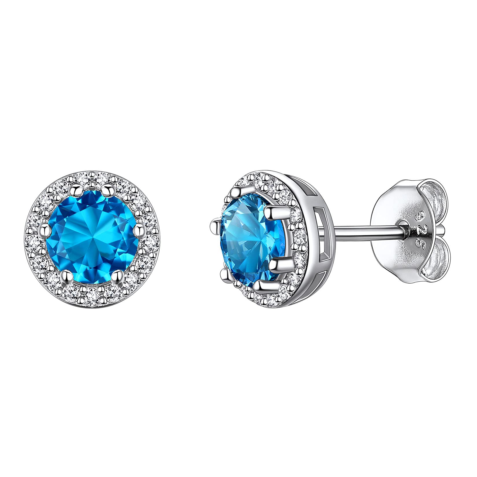 925 Sterling Silver Round Brilliant Cut Cubic Zirconia CZ Stud Earrings Dainty Small Comfortable Simulated Blue Topaz December Birthstone Hypoallergenic Earrings for Women Girls Teens