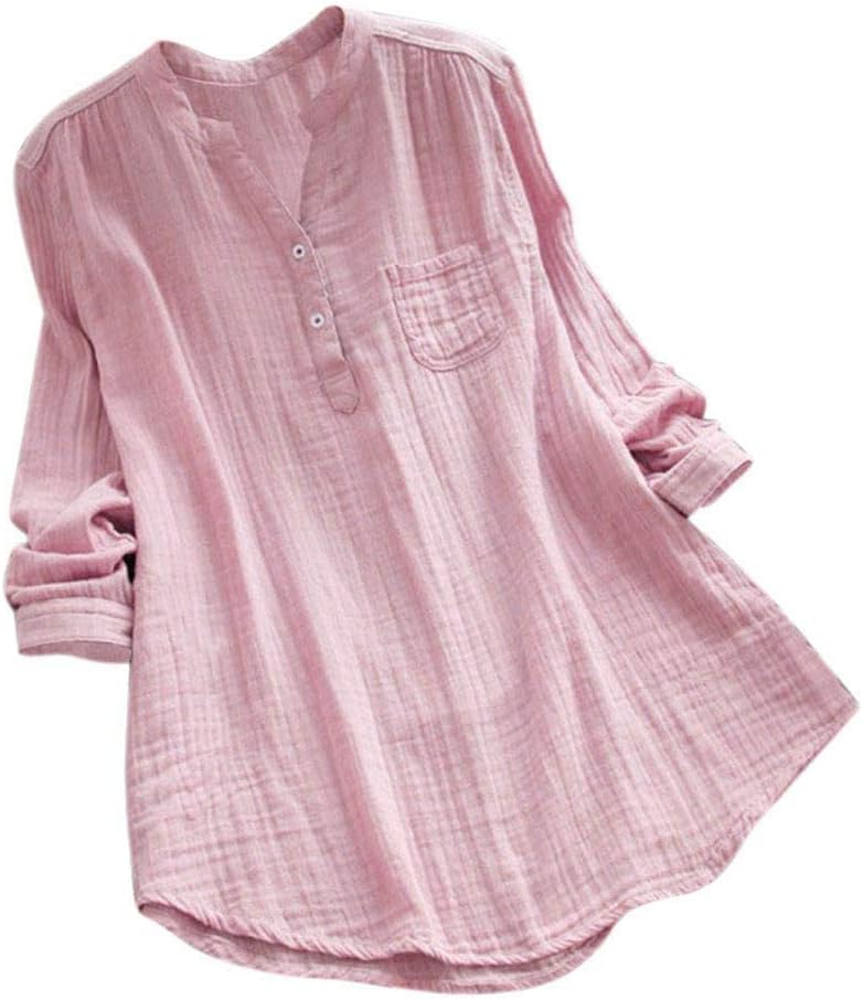 iNoDoZ Women's Stand Collar V-Neck Long Sleeve Casual Solid Loose Tunic with Pocket Tops T-Shirt Blouse