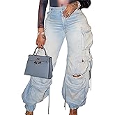 Sexyshine Women's High Waist Cargo Jeans Pants Y2K Baggy Loose Distressed Ripped Long Denim Pants with Multi Pockets