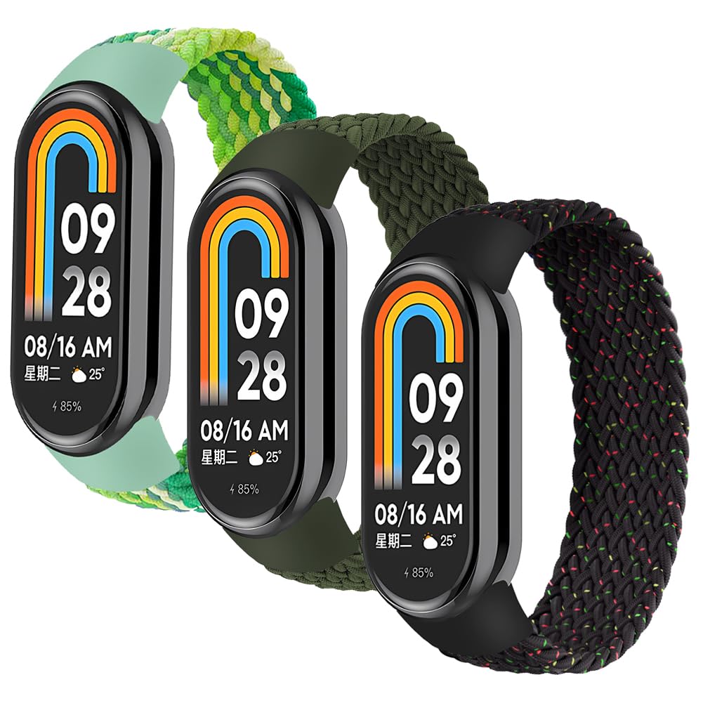 3 Pack Braided Solo Loop Compatible for Xiaomi Smart Band 9/ Mi Band 8 Strap,Adjustable Elastic Nylon Sport Band Replacement Stretchable Wristband for Xiaomi Mi Band 9/Miband 8 Women Men,M