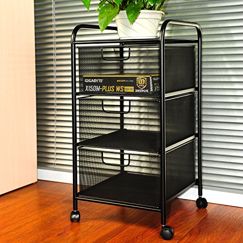 YIMU Mesh File Cart with 3 Storage Drawers, 3 Tier Metal Office Supply Rolling Cart, Black Buy