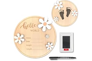 PDRYLY Baby Birth Announcement Sign with Marker Pen, Wooden Hello World Newborn Sign with Ink Pad for Baby Hand and Footprints, Double-sided Newborn Announcement Sign for Baby Shower Photo Prop Keepsakes