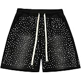 SOLY HUX Men's Y2k Rhinestone Shorts Drawstring Elastic Waist Summer Streetwear Shorts with Pockets