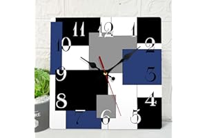 ArtSocket Wooden Wall Clock Silent Non-Ticking, Navy Blue Grey Black Abstract Geometric Minimalist Square Rustic Wall Clocks Decor for Home Kitchen Living Room Office, Battery Operated(12 Inch)