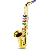 Lewtemi Gold Saxophone Musical Instruments Toy for Kid Fake Plastic | Musical Toy for Girls Preschool Learning, Fake Wind Horn Colorful Keys, Beginner Saxophone Trombone Bugle Teaching Gift