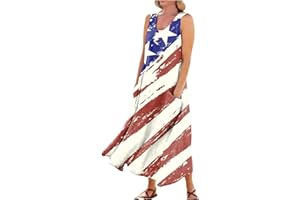 ADHOWBEW 4th of July Dress Women 2024 Sleeveless American Flag USA Patriotic Plus Size Summer Dresses